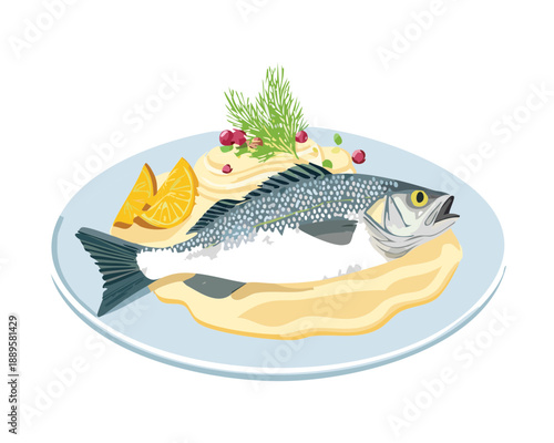 Whole steamed fish served with lemon and herbs on a white plate for gourmet dinner - Vector Illustration