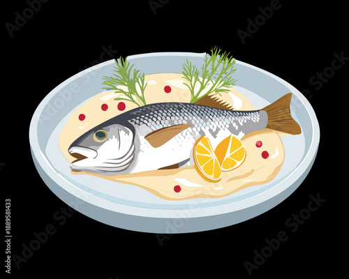 Delicious white fish fillet served in a savory broth with lemon slices and fresh herbs - Vector Illustration