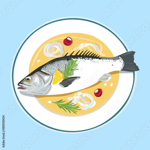 Steamed white fish served on a plate with herbs and lemon for a healthy meal - Vector Illustration