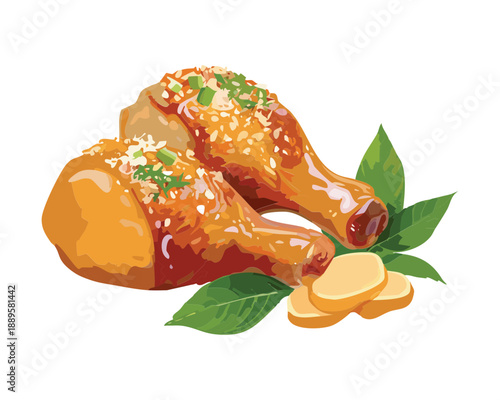 Group of fried chicken drumsticks served with fresh herbs for a delicious family meat dinner - Vector Illustration