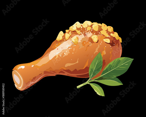 Fried chicken leg drumstick served with golden sesame seeds and green herbs for savory snack - Vector Illustration