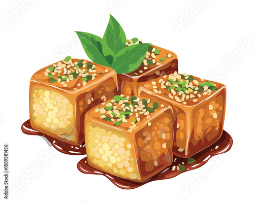 Savory square tofu pieces topped with herbs and sesame seeds served on a white plate - Vector Illustration