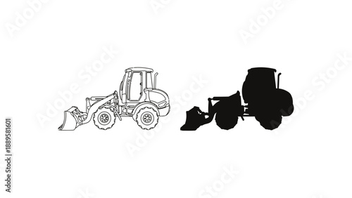 A colorful illustration of a backhoe loader in different styles and colors