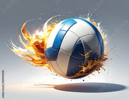 A volleyball engulfed in flames with dynamic splashes