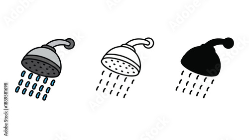 Three different shower head designs with water flowing from each one