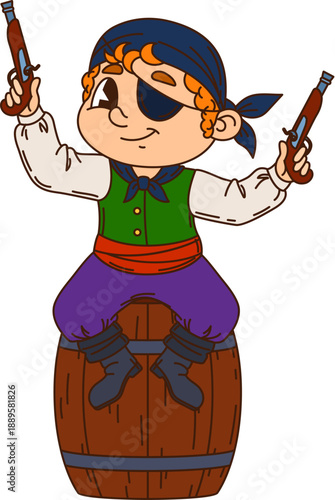 Boy kid pirate skipper cartoon cheerful character. Child corsair fighter isolated mascot, pirate crew kid boatswain vector personage. Filibuster happy character armed with pistols, sitting on barrel
