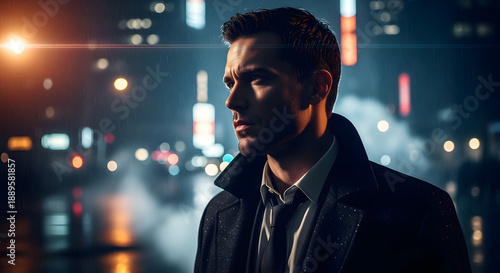 Serious male secret agent in a dark coat and tie standing in a rainy city at night with blurred street lights