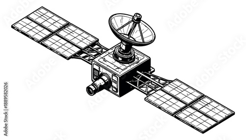 Hand drawn line art illustration of a communication satellite depicting space technology for telecommunications