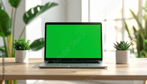 Laptop on Wooden Desk with Green Screen Amidst Green Plants and Sunny Window