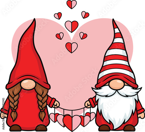 An adorable cartoon gnome couple in red hats holding a romantic Valentines Day heart garland.