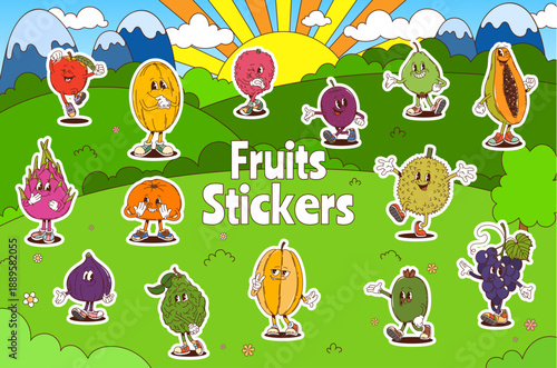 Cartoon groovy fruits character of tropical fruits with funny face,, vector stickers. Happy groovy fruits of papaya and tangerine, funky feijoa, with fig and grape or plum and melon at summer meadow