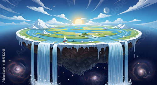 A conceptual artistic depiction of a disk shaped world floating in space with waterfalls flowing off the edges into the galaxy