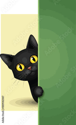 Charming cartoon black cat with big yellow eyes peeking curiously from behind a corner.