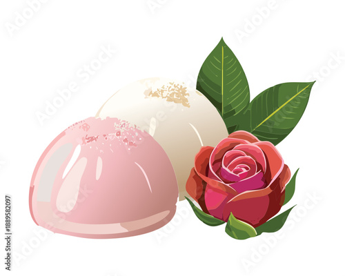 Pink mochi dessert balls with a rose flower and green leaves for a sweet treat - Vector Illustration