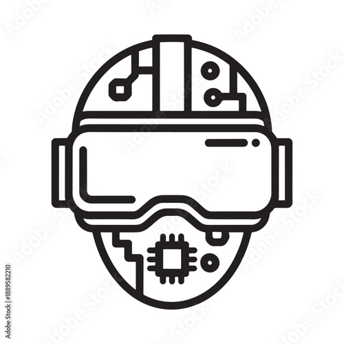 a black and white line drawing of a robotic head with a visor and circuit board
