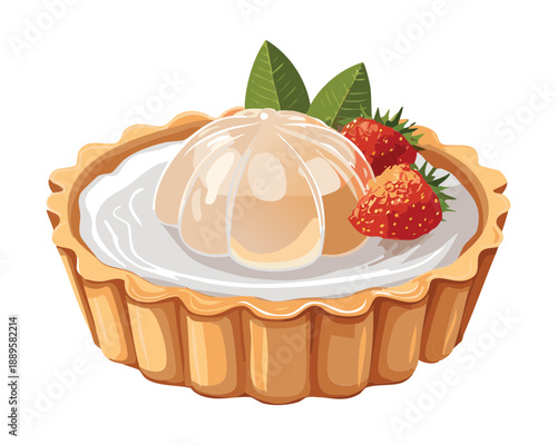 White cream tart dessert topped with jelly and fresh strawberries on a crispy pastry crust - Vector Illustration