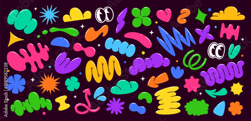 Abstract groovy shapes, funky stickers and graphic retro elements with comic bubbles, cartoon vector. Groovy Y2K shapes of eyes emoji, twisted arrows with clouds, zigzags and bizarre shape elements