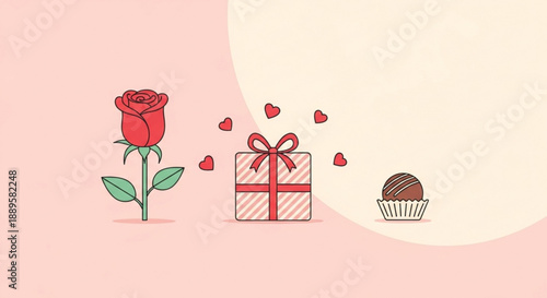 A romantic gesture featuring a red rose, gift, and dessert, symbolizing love and affection on a special occasion.