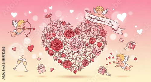 Valentine's Day illustration featuring a heart-shaped floral arrangement surrounded by cherubs, gifts, and hearts