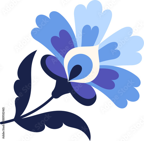 Scandinavian folklore summer flower embroidery. Nordic ethnic floral graphic decoration, Norwegian folk bud ornate vector embroidery. Scandinavian folklore spring flower drawing with blue petals