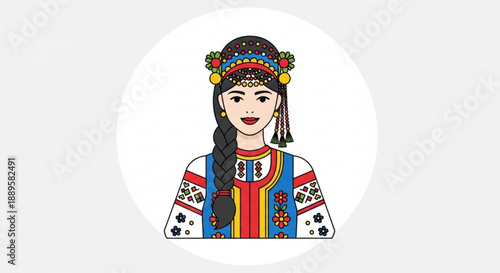 Woman wearing traditional colorful headdress and embroidered clothing smiling and looking forward cultural heritage illustration