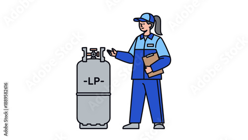 A cartoon illustration of a female technician inspecting a gas cylinder.