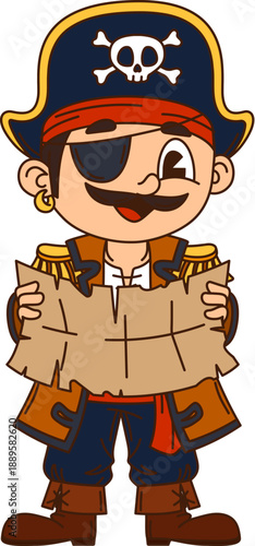 Kid pirate with treasure map cartoon cheerful character. Corsair skipper cheerful character, kid sailor bandit happy isolated vector personage. Child pirate crew boatswain cute mascot in tricorn hat