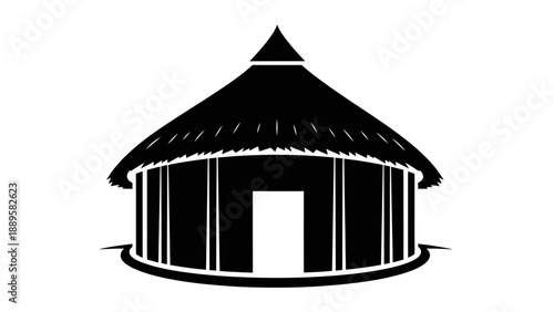 A simple black and white illustration of a traditional round hut