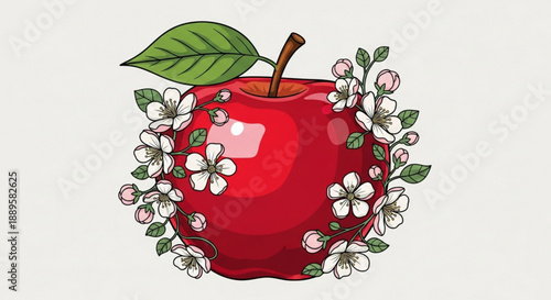 Vibrant red apple surrounded by white flowers and green leaves on a light background symbolizing nature and freshness