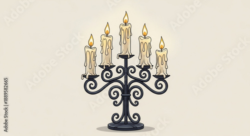 Elegant black metal candelabra with multiple lit candles on beige background decorative lighting fixture