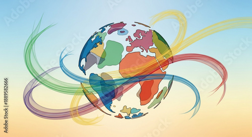 Vibrant Global Unity Illustration Featuring a Colorful Globe with Swirling Ribbons