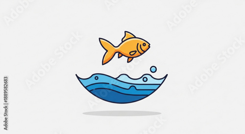 Golden fish jumping out of blue water bowl with ripples and bubbles in simple flat design illustration