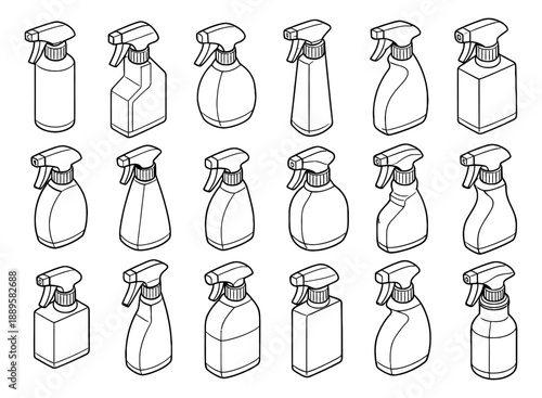 Hand drawn line art spray bottle set featuring various container designs for cleaning product packaging