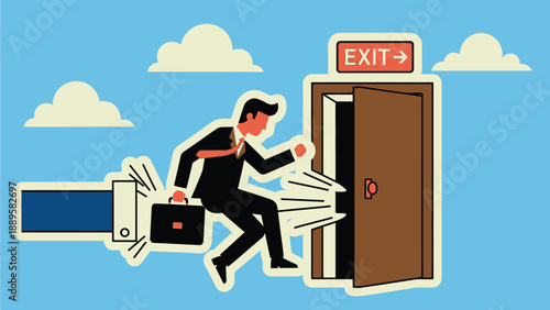 A businessman in a suit runs out of a door to freedom from office work