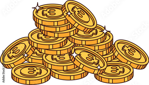 Cartoon groovy pirate treasure golden coins pile. Filibuster groovy pile of gold, corsair pirate funky vector golden coins with skulls. Piracy and nautical isolated wealth and treasure money