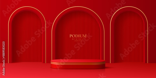 Red cosmetic product podium stand and golden arches, vector 3d background. Modern red pedestal, realistic show room platform or podium stage for product display with gold line frames and arched niches