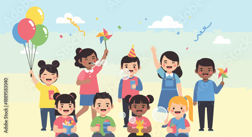 Happy children celebrating birthday with balloons and gifts