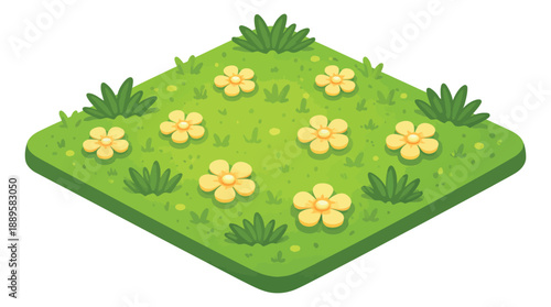 Isometric cartoon illustration of a patch of grass depicting blooming yellow flowers for game design