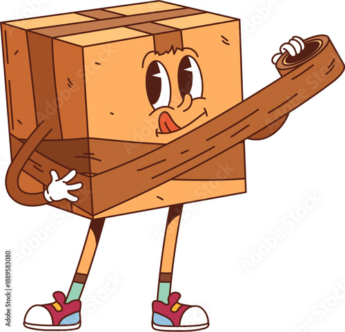 Cartoon groovy delivery cardboard box character. Delivery container happy vintage funky vector mascot, shipping package funny character. Cardboard box groovy character rolling adhesive tape on sides