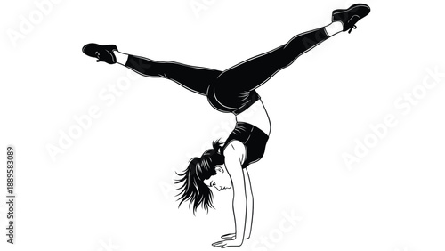 Professional female breakdancer performing a handstand freeze for urban sports fitness branding and modern performing arts business marketing assets.