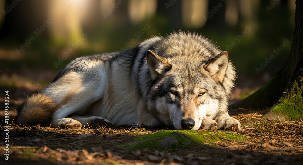 Obraz premium Peaceful image of a wolf lying down in the grass