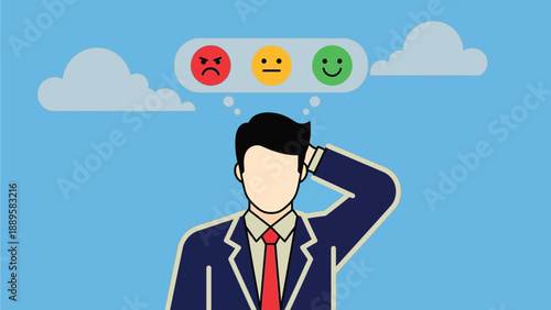 A cartoon businessman with mixed emotions thinking about different feelings