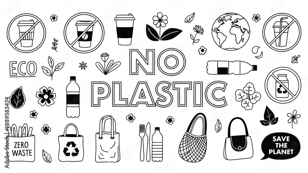 Fototapeta premium A black and white illustration promoting eco friendly living with no plastic