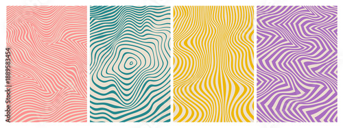 Retro psychedelic red, purple, green and yellow line groovy pattern or print. Psychedelic funky pattern, distorted spiral hippie vector backdrop. Trippy Y2K print or wavy line groovy background