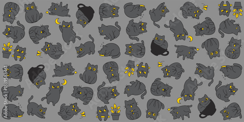 Seamless pattern of cute black cats in various poses with yellow accents, moon, and plants. Minimalist hand-drawn doodle vector illustration for wallpaper, textile, or background.