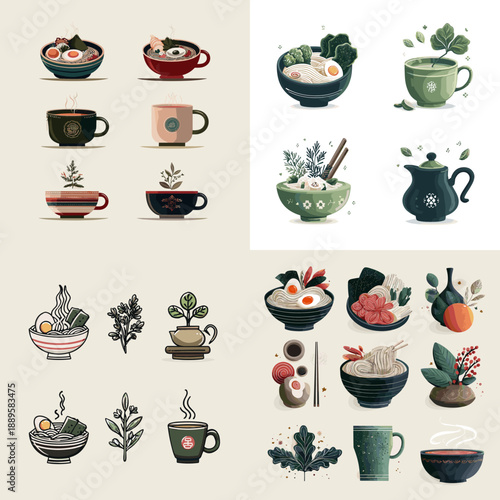Cute illustration set of cozy mugs bowls and houseplants in warm tones. Decorative kitchen and lifestyle collection ideal for cafe branding home decor and cozy design.