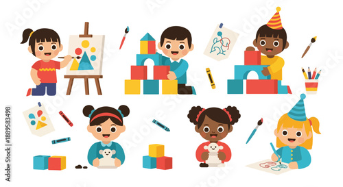Children playing with toys and art supplies