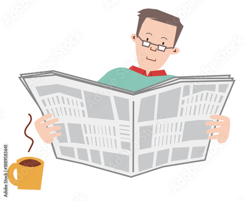 コーヒーを飲みながら新聞を読む男性、上半身のベクターイラスト