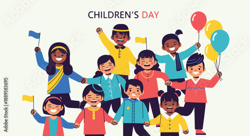 Happy children celebrating Children's Day with flags and balloons