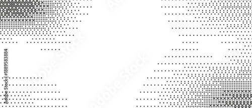 Abstract monochrome background with bitmap dither effect. Retro pixelated halftone gradation for Y2K and cyberpunk tech designs. Grainy dot texture vector illustration for digital web graphic.
